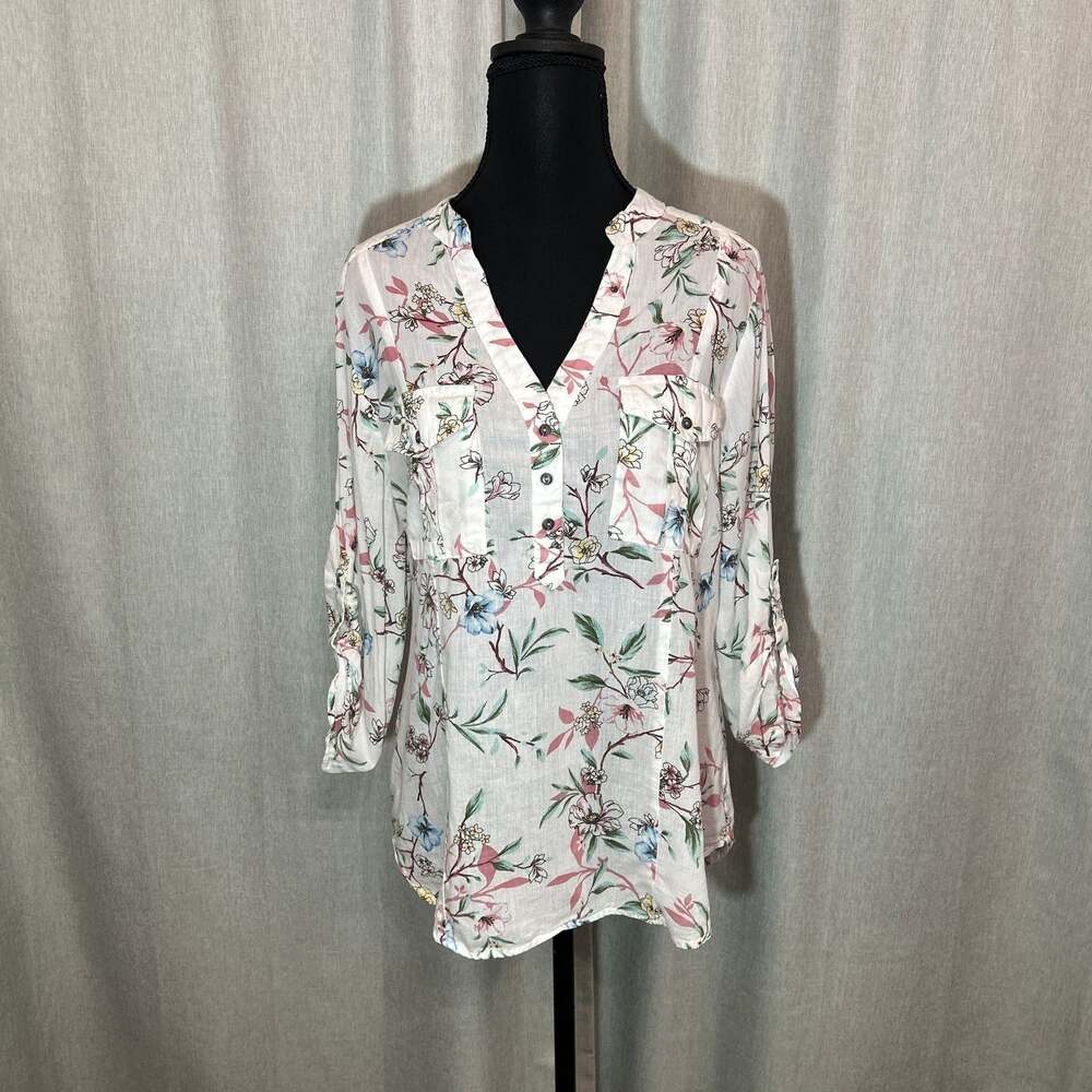 Eden and Olivia White Floral Feminine Blouse V Neck Long Sleeve 100% Cotton Sz M